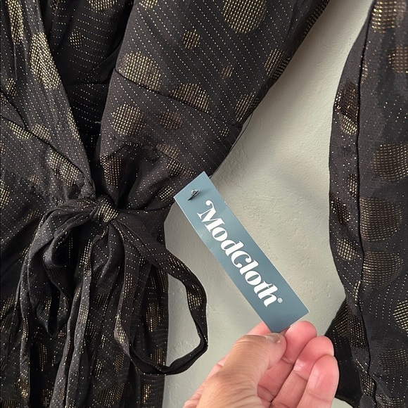 NWT MODCLOTH Golden Record Party Wrap Dress MIDI Black Gold Shimmer Large - Picture 7 of 11